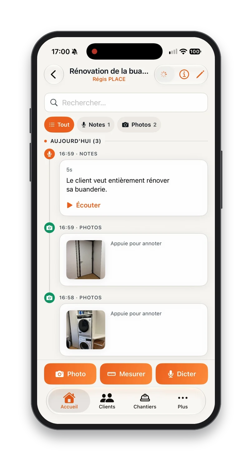 L'application Marcel Chantier sur iPhone : le dossier d'une rénovation de buanderie, avec une note vocale transcrite et les photos prises sur place.